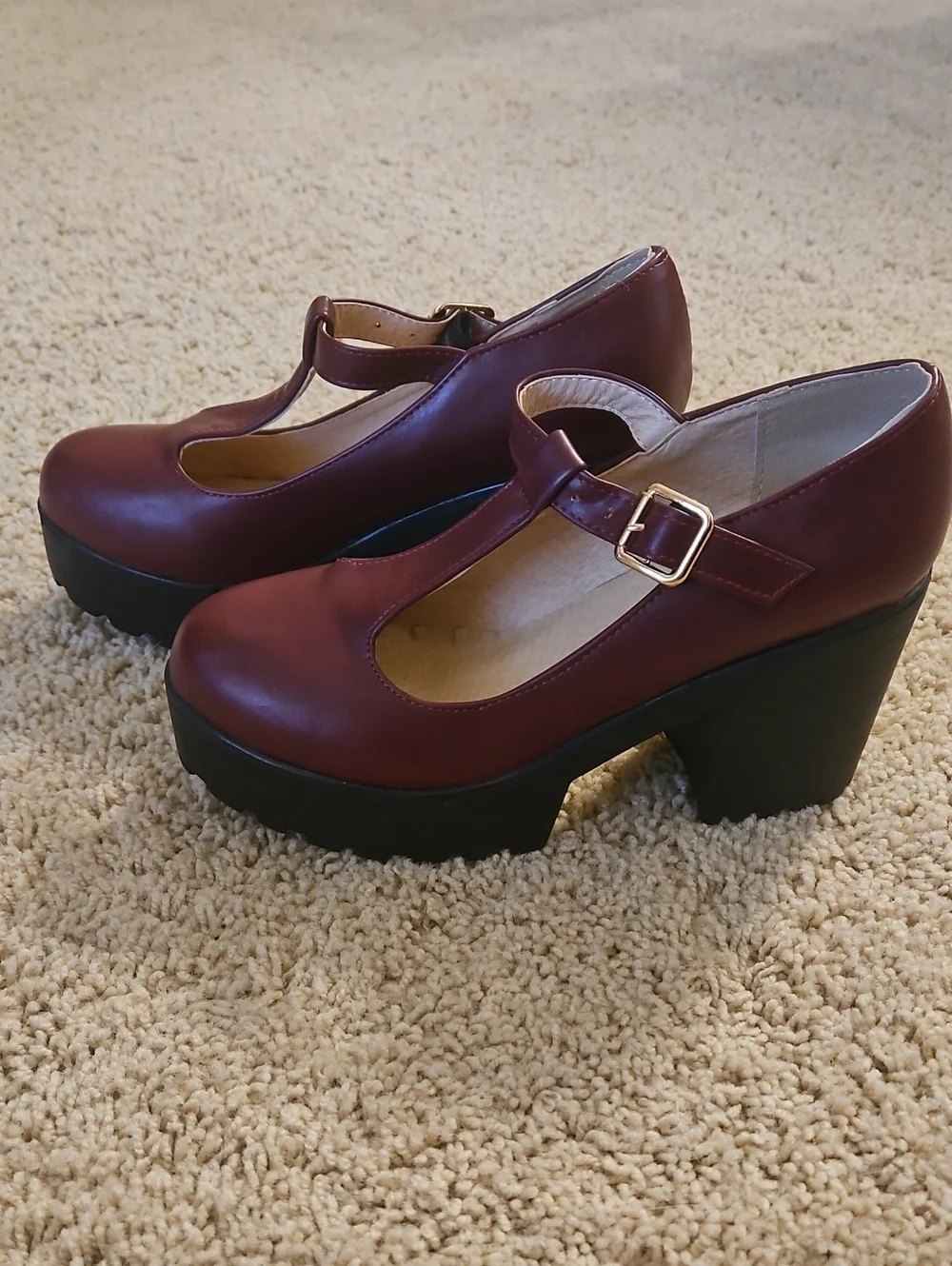 Women's Burgundy T-Strap Chunky Heel Mary Janes